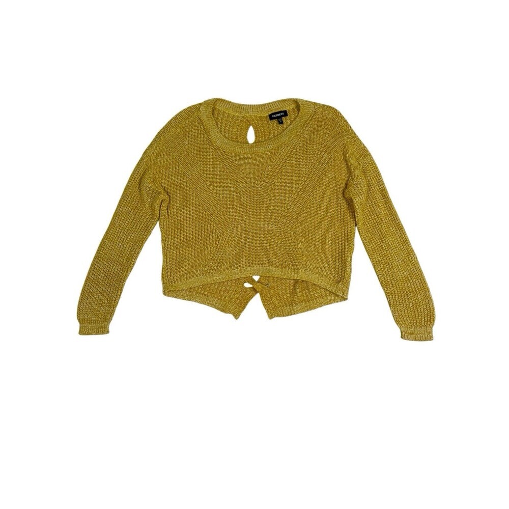 Express Mustard Yellow Cropped Knit Sweater Open Back Detail Long Sleeve Size S